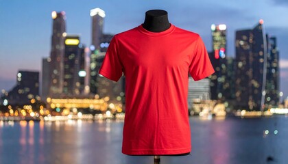 Blank red t-shirt mockup on a mannequin with a vibrant, illuminated city skyline at night. Urban fashion concept.