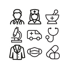 Healthcare and Medical Professions Outline Icons Set on Isolated White Background