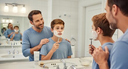 A beautiful photorealistic mockup of a father teaching his teenage son how to shave for the first time in front of a bathroom mirror.