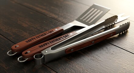 A beautiful photorealistic mockup of a set of high-quality grilling tools with "Happy Father's Day" branded into the wooden handles.