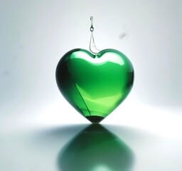 Obraz premium A single drop of green biofuel shaped like a heart, hovering above a reflective surface
