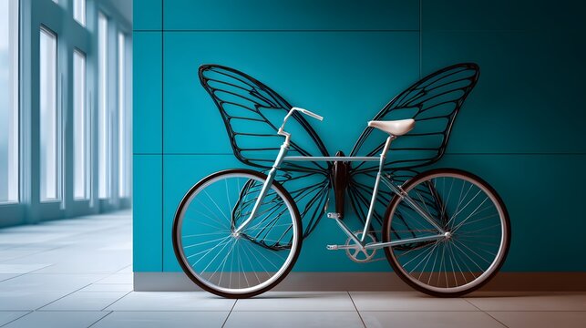 Bicycle with Butterfly Wings Artwork on Bright Blue Wall in Modern Interior Space