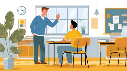 Teacher Engaging in Conversation with Student in a Bright and Modern Classroom Setting