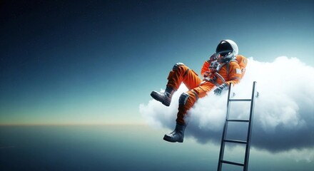 An astronaut in an orange spacesuit is sitting on a cloud with a ladder under a starry sky