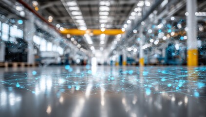 Factory floor with digital network overlay