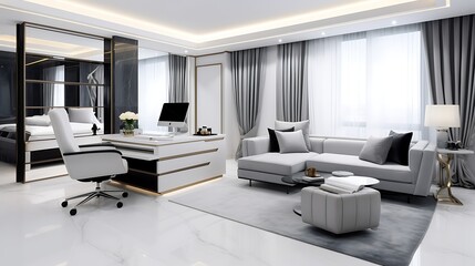 Luxury studio apartment interior design with L-shaped light grey fabric sofa, minimal corner desk with black office chair and glowing laptop, 3D Illustrations. 3D Rendering,