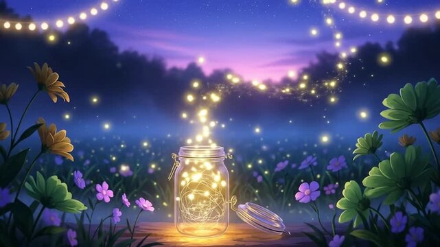 Magical jar filled with glowing fireflies and starlight in a serene night meadow with flowers and bokeh lights, creating a dreamy and enchanting atmosphere