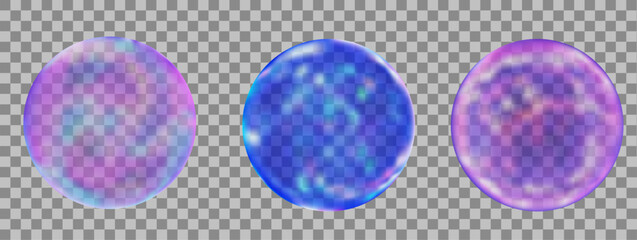 3d set glass transparent neon sphere or bubbles. Stock vector illustration on isolated background.