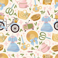 Seamless pattern vintage garden and home hat, scissors, watering can, candle, letters, pie, radio, bicycle with flower crate, dress. Vintage lifestyle and gardening concept. Springtime holidays vector
