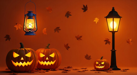 Festive Halloween night with glowing Jack-o'-lanterns, vintage lamps, and falling autumn leaves