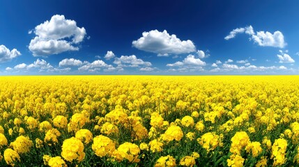 Obraz premium Bright yellow rapeseed flowers blooming under a blue sky with white clouds
