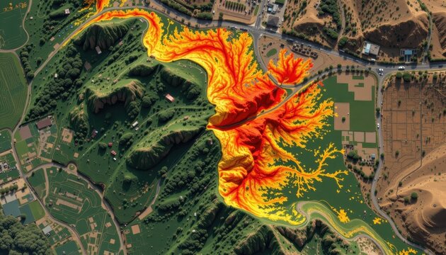 aerial imagery reveals wildfire risk zones by mapping vegetation density dry areas and access routes supporting fire prevention and firefighting strategies in vulnerable regions
