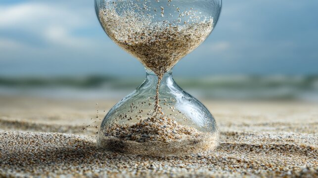 Hourglass on sandy beach, time flowing
