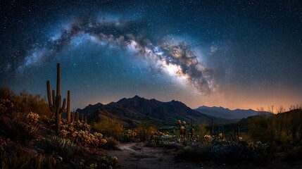 A breathtaking view of the Milky Way stretching over a desert landscape with a distinct cactus standing tall.