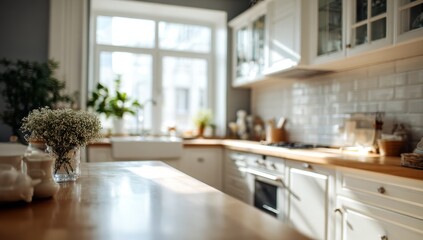 Sunny, bright kitchen with white cabinets and a wooden countertop