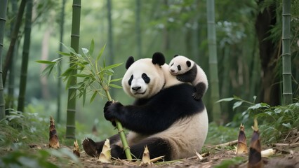 Fototapeta premium Panda Mother & Cub in Bamboo Forest, Cute & Healing Rare Animal Ecological Scene