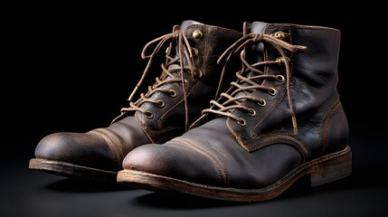 Worn Vintage Leather Boots with Laces on a Dark Background Highlighting Texture and Details
