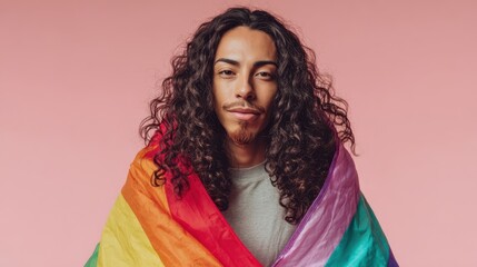 The confident man draped in a colorful rainbow pride flag against a pastel background.