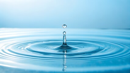 A crystal clear water drop plunges into a calm blue liquid, forming perfect, wide circular ripples across the peaceful surface.