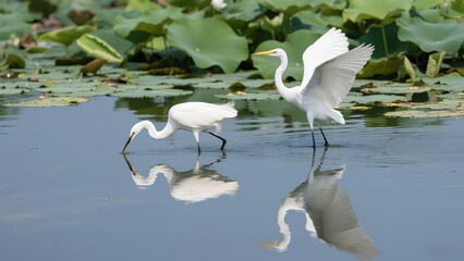 White Egrets Foraging on Wetland Lake, Tranquil Natural Scene