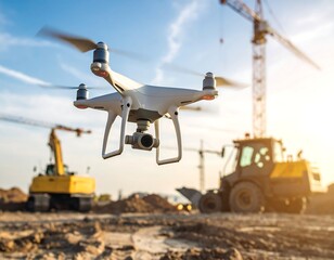 Drone in flight over a construction site with heavy machinery