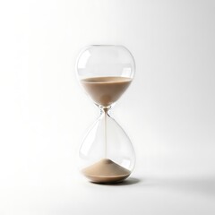 Clear Glass Hourglass with Beige Sand on White Background