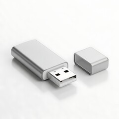 Silver Usb Flash Drive with Cap on White Background