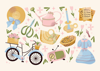 Set vintage garden and home items hat, scissors, watering can, candle, letters, pie, radio, bicycle with flower crate, blue dress. Vintage lifestyle and gardening concept. Springtime holidays vector