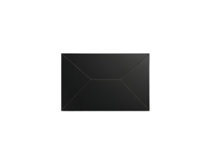 Top-down view of a black envelope on a transparent background
