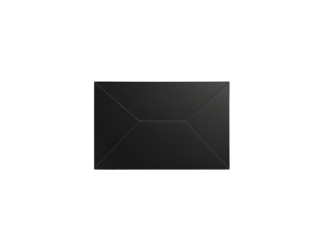 Top-down view of a black envelope on a transparent background