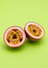 Passion Fruit Half on Bright Green Background Fresh Juicy Exotic Fruit