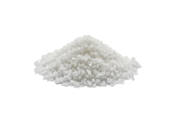 isolated ultra photorealistic UHD photograph of white, granulated crystals resembling coarse salt or sugar, piled on a clean white background with ample copy space, bright shadowless studio light,