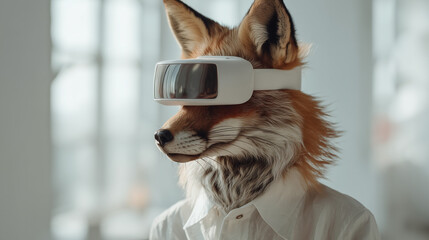 Fox creating digital 3D model using VR glasses in bright minimalist studio, ultra-realistic
