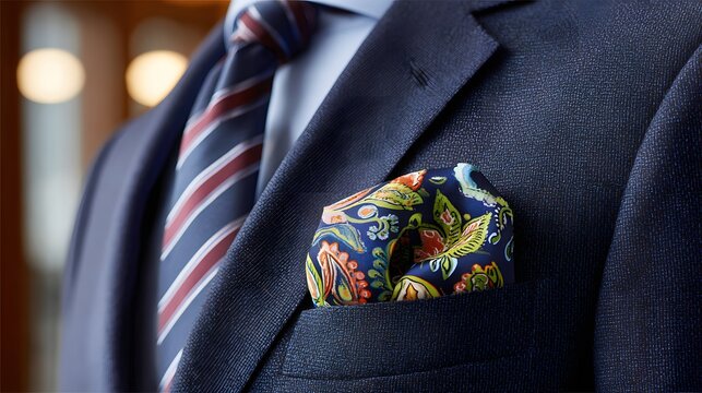 Detailed Close-Up of Stylish Business Suit with Colorful Pocket Square and Classic Tie