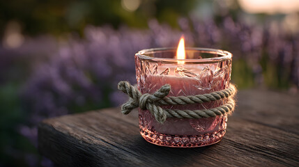 A burning candle in a decorative glass, evoking warmth and tranquility. The candle, adorned with rope, sits on a wooden surface, creating a serene ambiance, perfect for relaxation and meditation