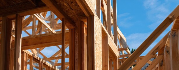 The wooden framework of a residential construction project under a bright blue sky.