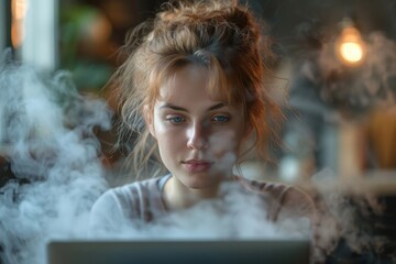 Young Businesswoman Focused on Laptop with Stress Steam in Modern Office