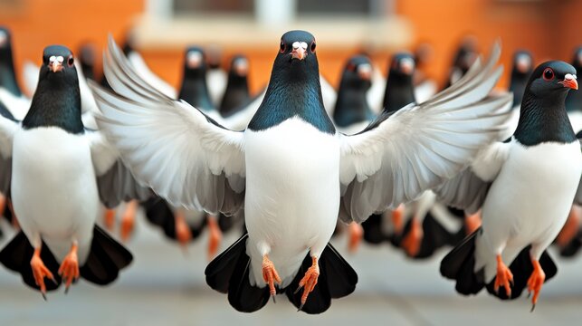 Pigeon flock with wings spread wide in a symmetrical formation on a blurred background