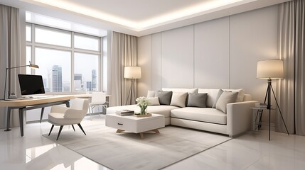 Fototapeta premium Luxury studio apartment interior design with plush ivory sectional sofa, minimalist wooden desk in corner with sleek chair and open silver laptop, 3D Illustrations. 3D Rendering,