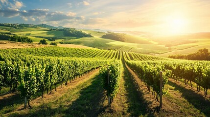 Scenic Vineyard Landscape at Sunrise: A Beautiful Agricultural Scene
