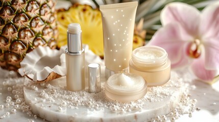 Tropical glow cream premium skincare set displayed with coconut shell, pineapple, orchid bloom and scattered pearls on polished white stone background
