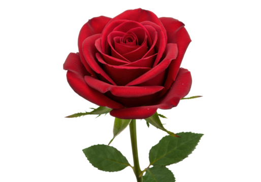 A perfect, deep crimson red rose with velvety petals and glistening dew, short green stem and leaves, isolated on a pristine transparent studio background with no shadows, creating a floating