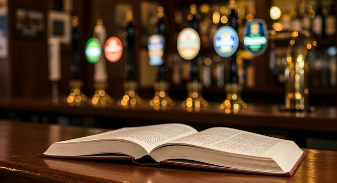 Open Book Resting on a Polished Wooden Bar Counter with Blurred Beer Taps in Background