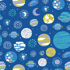 Seamless space pattern with planets, moons, stars, and celestial elements on a dark blue background