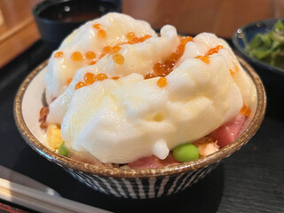 Assorted Sashimi Rice Bowl Topped with Egg White Foam, Yuzu Sauce, and Salmon Roe and side dish