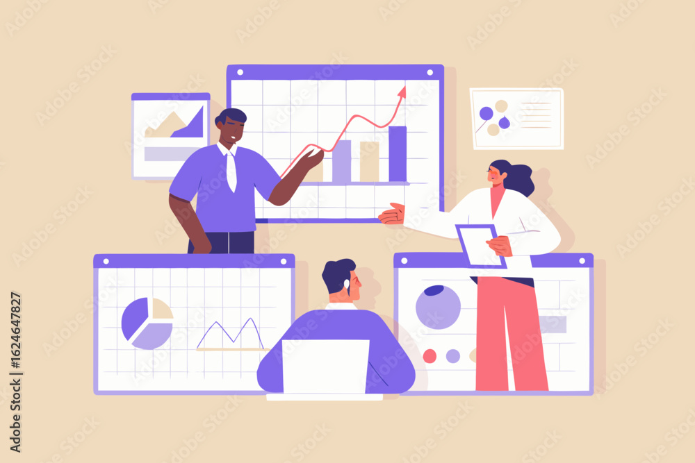 Poster diverse team collaborating on financial growth charts and data analysis in a modern office setting