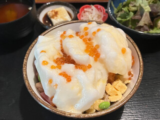 Assorted Sashimi Rice Bowl Topped with Egg White Foam, Yuzu Sauce, and Salmon Roe and side dish