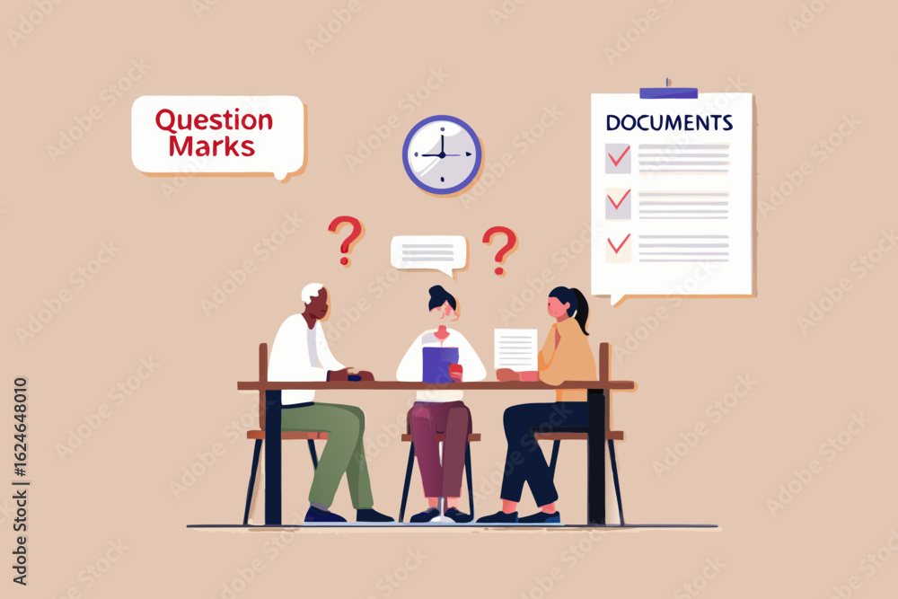 Poster three people sitting at a table discussing documents with question marks and a clock overhead