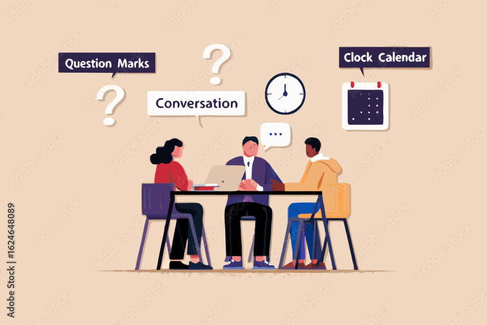 Poster diverse team collaborating around a table with laptop question marks speech bubbles clock and calend