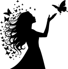 Mystical silhouette of a woman with her hair transforming into a swarm of butterflies, as she reaches out to a butterfly in a beautiful, enchanting moment. 
